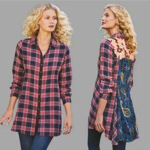 Soft Surroundings Kensington Plaid Tunic Paisley Velvet Burnout Boho Grunge L